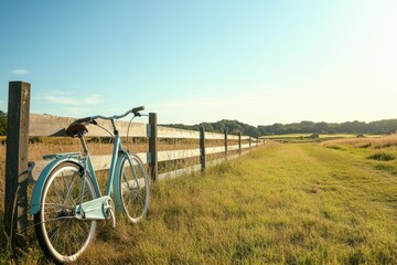 Poster - Bicycle rests against wooden fence in scenic countryside during golden hour. Generative AI
