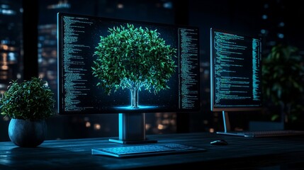 Night cityscape, desk, monitors displaying code and a tree.