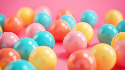 Wall Mural - a lot of colorful balls on a pink background. the balls are in pastel colors and have a glossy surfa