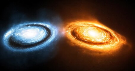 Wall Mural - two spiral galaxies, one blue and one orange, collide in a cosmic dance.