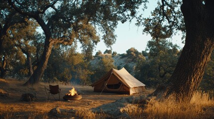 Poster - Cozy campsite in a serene forest during golden hour with campfire and tent set up for a relaxing evening. Generative AI