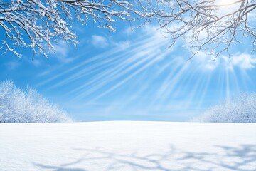 serene winter landscape with snow-covered ground and bright sun rays