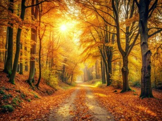 Wall Mural - A vintage photo captures a tranquil autumn hike: golden leaves strewn on a forest path.