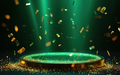 Wall Mural - Round platform with glowing emerald light and falling gold confetti