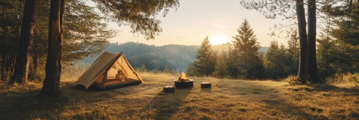 Poster - Camping at sunrise in a serene forest with a cozy tent and a glowing campfire. Generative AI