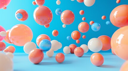 Wall Mural - 3d rendering of a blue background with a bunch of pastel-colored balls floating in mid-air.
