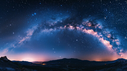 Wall Mural - Abstract background portraying a night sky with stars, capturing a panorama view of the universe with the Milky Way galaxy against a dark sky.