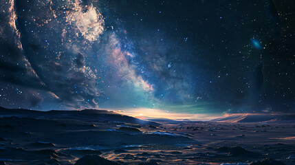 Wall Mural - Abstract background portraying a night sky with stars, capturing a panorama view of the universe with the Milky Way galaxy against a dark sky.