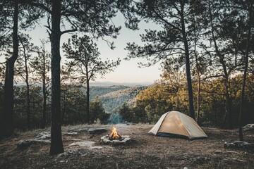 Fototapete - Camping in a serene forest clearing with a tent and campfire at dusk. Generative AI
