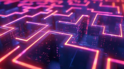 Wall Mural - 3d rendering of a maze-like structure with glowing pink and blue neon lights.
