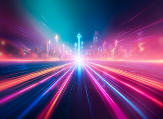 Aufkleber - Neon streaks of light streak across a highway leading towards a futuristic city skyline with neon glowing buildings and an arrow rising into the night sky.