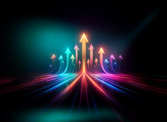 Wall Mural - Multiple glowing arrows pointing upwards in different colors are illuminated on a dark background.