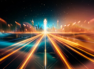 Fototapete - A glowing arrow points upward in a futuristic cityscape, with neon lights illuminating the road ahead.