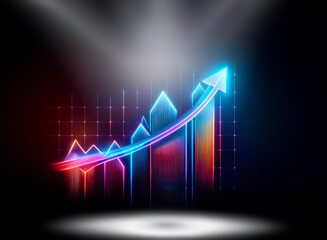 Poster - Vibrant neon arrow ascends a glowing bar graph, symbolizing growth and progress in a dark, digital space.  The upward trajectory suggests success and positive trends.