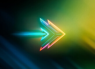 Aufkleber - A vibrant neon arrow glows against a stark black backdrop.  The arrow is composed of layered geometric shapes in a rainbow spectrum, radiating light and suggesting direction with a modern, digital aes