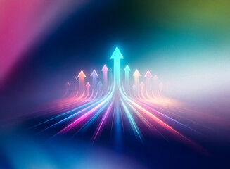 Aufkleber - A group of colorful, glowing arrows, resembling streaks of light, point upward on a dark background.