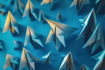 Wall Mural - Group of paper planes flying in one direction with one individual directing in a different way for creative business concepts. Generative AI