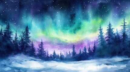 Aufkleber - Colorful aurora borealis illuminates a winter landscape with dark silhouettes of pine trees at night. Generative AI