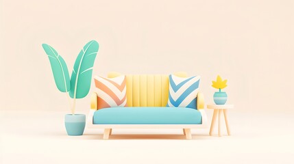 Sticker - Pastel sofa, plants, minimal room, ad mockup