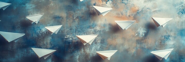 Fototapete - Group of paper planes flying in one direction with one individual pointing in a different way for innovative solutions. Generative AI