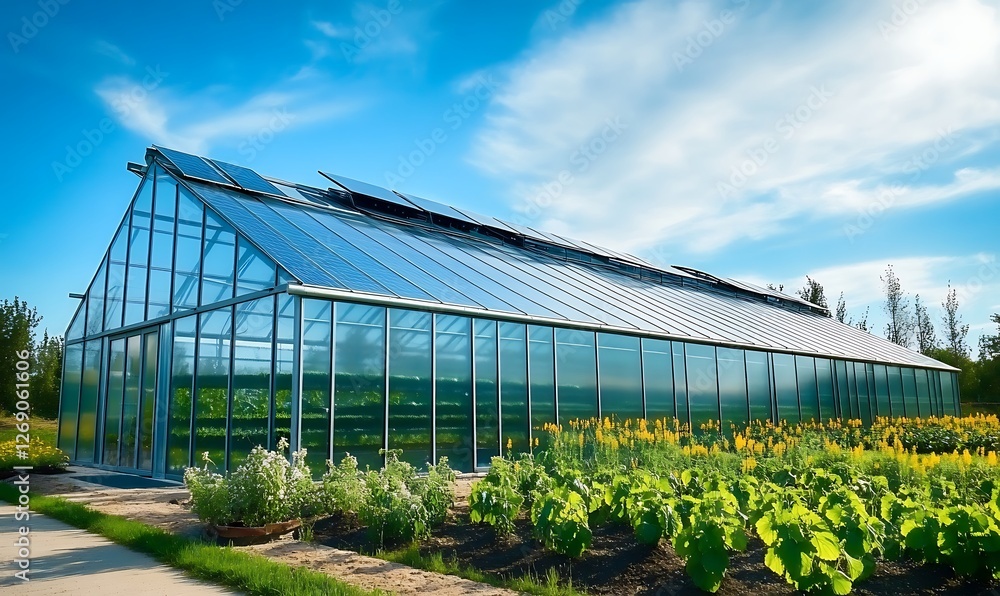 Exterior view of a modern greenhouse with glass walls and solar panels innovative farming design innovative solar panel innovation power electricity energy technology panel