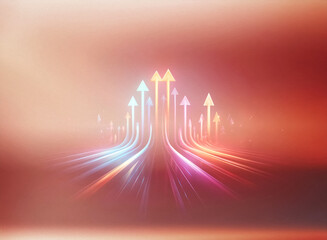 Aufkleber - A group of colorful, glowing arrows, resembling speed lines, point upwards on a dark background.