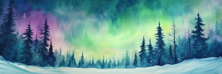 Aufkleber - Vibrant aurora borealis lights up a snowy forest in the northern wilderness during a winter night. Generative AI