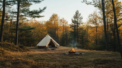 Aufkleber - Enjoying a peaceful camping experience by a cozy fire surrounded by colorful autumn foliage in the woods. Generative AI