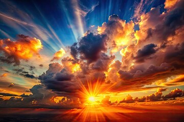 Wall Mural - Nature's masterpiece: a breathtaking cloudscape ablaze with golden light rays, an atmospheric photography dream.
