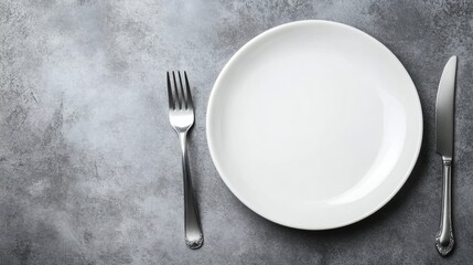 Aufkleber - Setting a table with an empty white plate, fork, and knife on a textured gray surface in a dining area. Generative AI