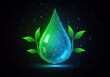 © TAMER YILMAZ - Ecology concept with glowing low polygonal water drop, green leaves.