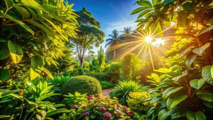 Wall Mural - Serene garden bathed in sunlight;  silhouetted figures amidst vibrant green.