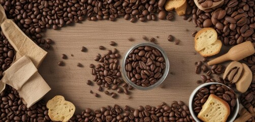 Wall Mural - Flat lay of coffee beans and other food items, table, still life, beans