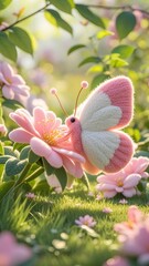 Wall Mural - Pink felt butterfly on flower, garden, spring