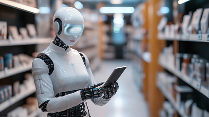 futuristic robot using tablet in modern store aisle