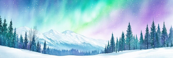 Aufkleber - Majestic snow covered mountains under a vibrant aurora borealis at night in a serene winter landscape. Generative AI