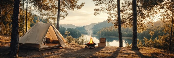 Poster - Camping by the tranquil river at sunset with a cozy tent and campfire surrounded by tall trees. Generative AI