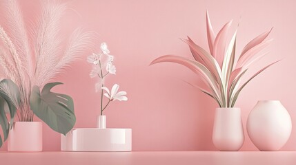 Canvas Print - Pink-themed interior decor with vases and dried plants