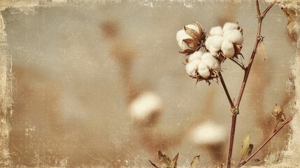 A cotton plant in early bloom, framed by rustic vintage tones, sepia overlay, soft focus, and a touch of nostalgia, hand-sketched illustration