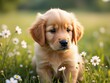© Michael - Golden retriever puppy sitting among blooming daisies in summer field
