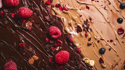 Wall Mural - Chocolate dessert topped with fresh raspberries and nuts