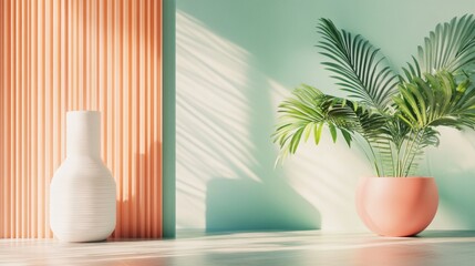 Wall Mural - Modern tropical decor with vibrant plants and geometric elements