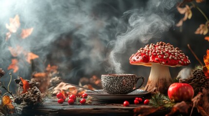 Sticker - Rustic autumn still life with mushrooms and a steaming bowl