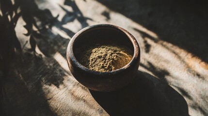 Wall Mural - Rustic wooden bowl filled with powdered spices on natural fabric