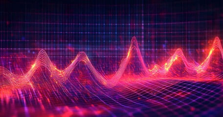 Wall Mural - glowing digital waveforms fluctuating in sync with a pulsating grid background, representing the hea