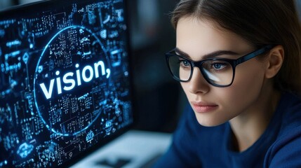 A young woman with glasses focuses on a computer screen displaying the word 