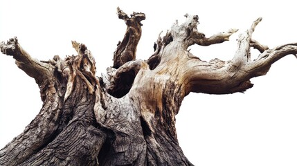 Ancient gnarled tree trunk against white background, nature texture