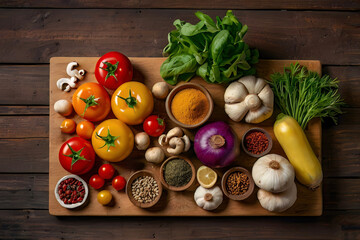 Wall Mural - Wood cutting board with surround of food ingredient herb, spice, vegetable and organic raw material around as a frame on the wooden desk table in kitchen indoor room equipment in top view photography