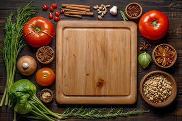 Wall Mural - Wood cutting board with surround of food ingredient herb, spice, vegetable and organic raw material around as a frame on the wooden desk table in kitchen indoor room equipment in top view photography