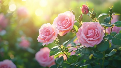 Wall Mural - Pink roses blooming, garden sunrise, floral background, greeting card